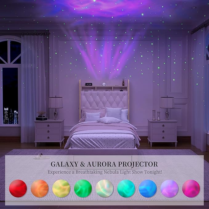 Twin LED Bed Frame with Storage Drawer, Velvet Upholstered Platform Beds with Galaxy Star Projector and Speaker, Aurora Bedframe with 2-Tier Storage Headboard for Small Bedroom Apartment, Pink