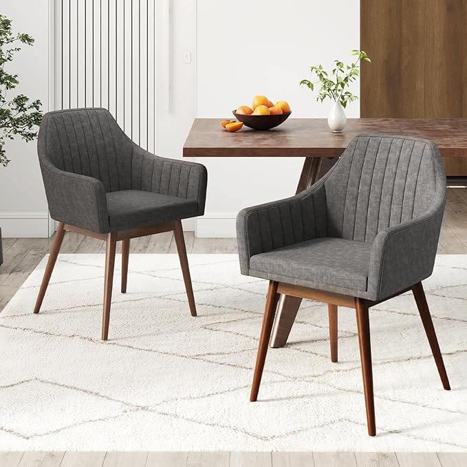 Giantex Upholstered Dining Chairs Set of 2, Mid Century Kitchen Chairs with Solid Wood Legs, Wrap-Around Backrest, Modern Accent Armchair for Living Room, Dining Room, Bedroom, Light Grey