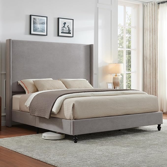 Queen Bed Frame with 63" Tall Headboard, Horizontal Fine Corduroy Bed Frame with Wingback, Upholstered Platform Bed, Vintage Solid Wood Gourd Legs, No Box Spring Needed, Gray