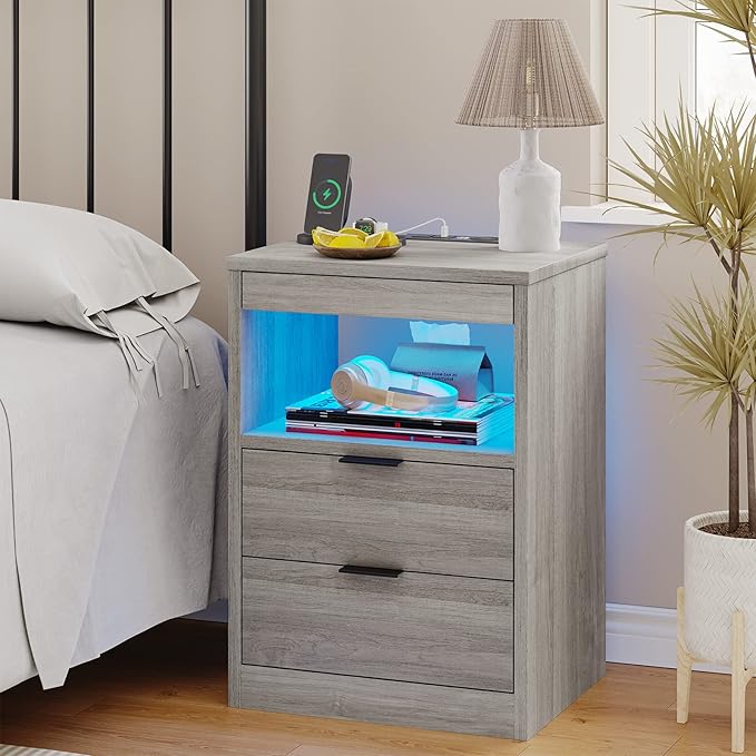 Tiptiper LED Nightstand with Wireless Charging Station, Farmhouse Nightstand with LED Light, Rustic End Table Side Table with Drawers, Pull-Out Tray and Open Storage, Grey Wood Grain