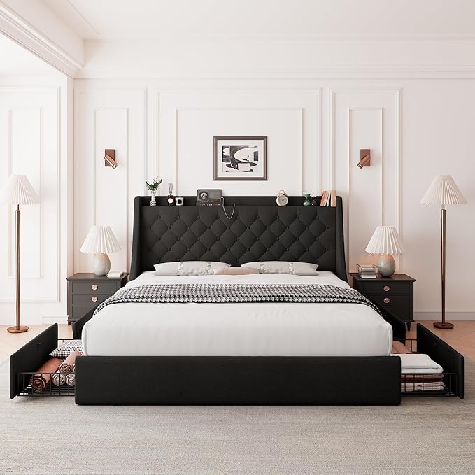 Feonase Upholstered Queen Size Bed Frame with 4 Storage Drawers, Storage Bed with Charging Station, Large Wingback Headboard, No Box Spring Needed, Black