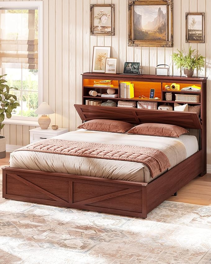 AOGLLATI Farmhouse Full Size Bed Frame with Lift Up Storage & Hidden Bookcase Storage Headbord, Wood Bed Frame Full with Charging Station, Led Lights, No Box Spring Needed, Brown