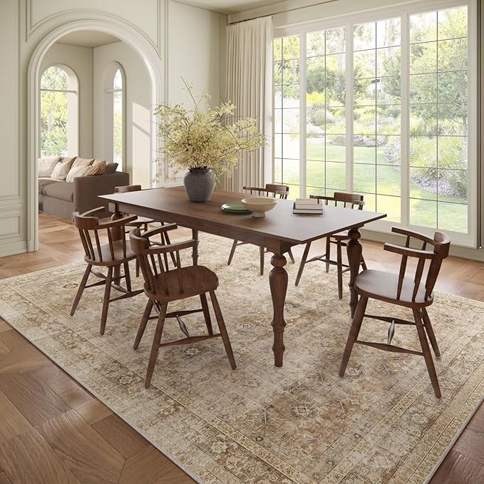 Washable 8x10 Area Rugs for Living Room, Boho Non-Slip Vintage Distress Large Rugs for Bedroom Dining Room Nursery Office, 0.3" Neutral Oriental Throw Thin Carpet, Brown/White/Multi