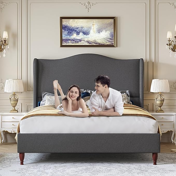 koorlian Full Size Bed Frame Upholstered Platform Bed with 51" Tall Headboard Wingback, Soft Fabric, Retro Simple Style Platform Bed No Box Spring Needed, Easy Assembly, Grey