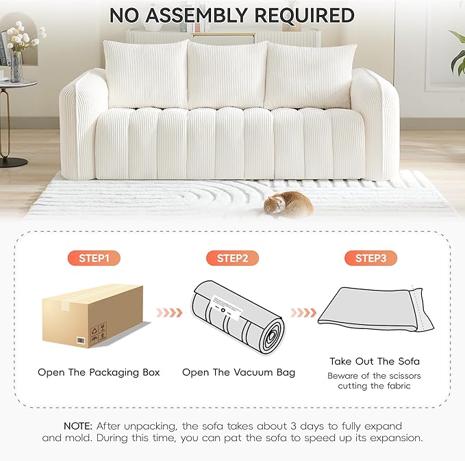 83'' Boneless Corduroy Sofa, Oversized 3 Seater Deep Seat Couch with Rounded Armrest, Modern Upholstered Cloud Sofa for Living Room, No Assembly, White