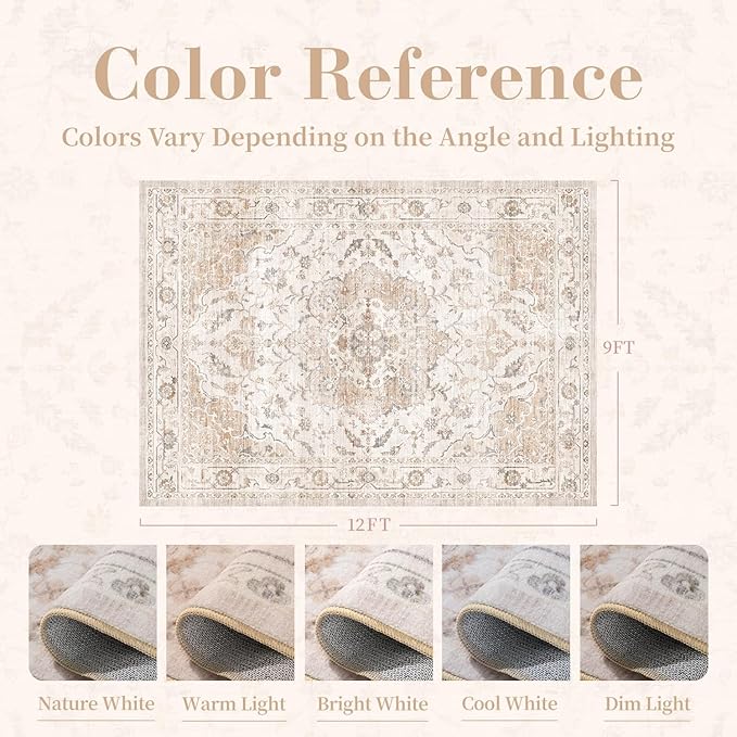 PADOOR 9X12 Area Rug,Rugs for Living Room,Soft Beige Rugs for Bedroom,Machine Washable Rug Non Slip Carpet for Dining Room Living Room Bedside Office