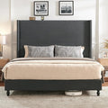 Queen Bed Frame with 63" Tall Headboard, Horizontal Fine Corduroy Bed Frame with Wingback, Upholstered Platform Bed, Vintage Solid Wood Gourd Legs, No Box Spring Needed, Black
