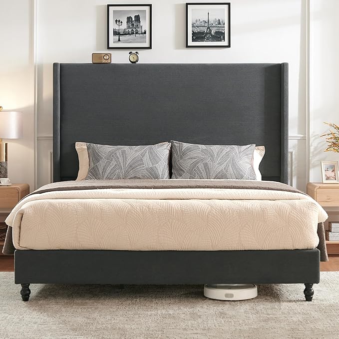 Queen Bed Frame with 63" Tall Headboard, Horizontal Fine Corduroy Bed Frame with Wingback, Upholstered Platform Bed, Vintage Solid Wood Gourd Legs, No Box Spring Needed, Black