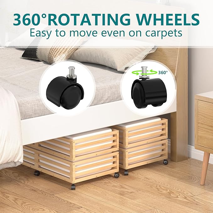 Wisuce Bamboo Under Bed Storage Containers- Underbed Organizer with Wheels with Large Dust Bag,Sturdy Wood Rolling Under the Bed Shoe Storage Organizer Drawer 2 Packs (Nature, Long)