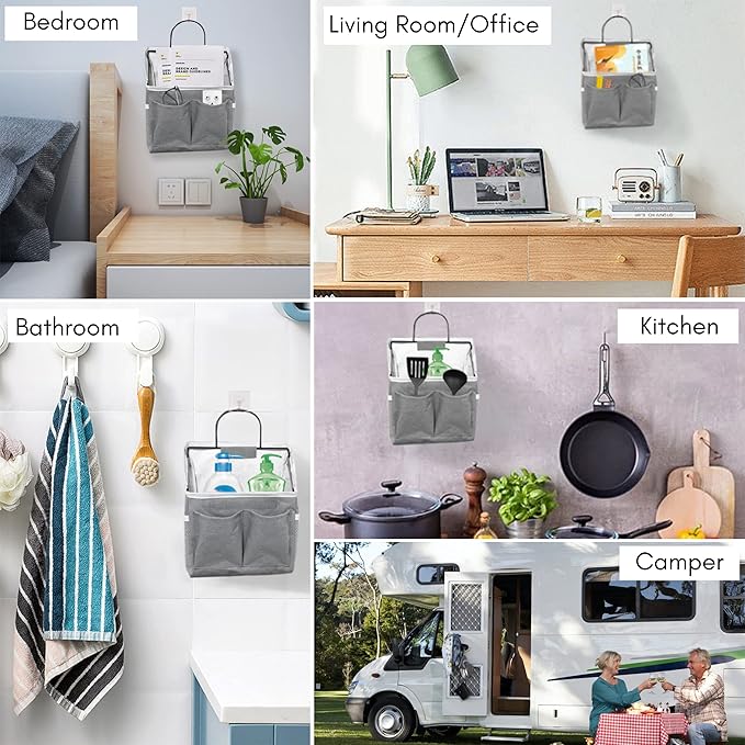 Kanrichu 3pcs Small Wall Hanging Organizer Bag, Linen Fabric Door Hanging Storage Basket with Pockets, Waterproof Bin for Kitchen, Bedroom, Office, RV Camper (Gray)
