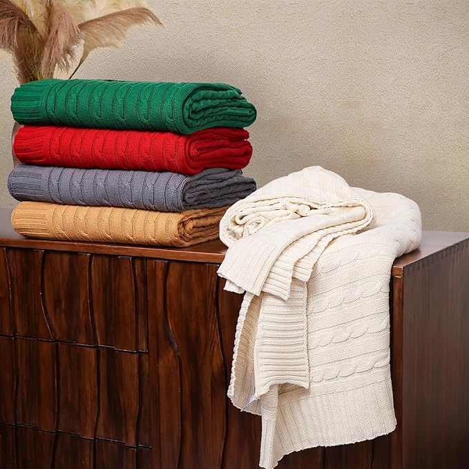 100% Cotton Cable-Knit Throw Blanket: 60" x 70", Ultra Soft, Breathable, All-Season Comfort & Versatility, Ideal for Couch, Bed, Travel and Gifting (Camel)