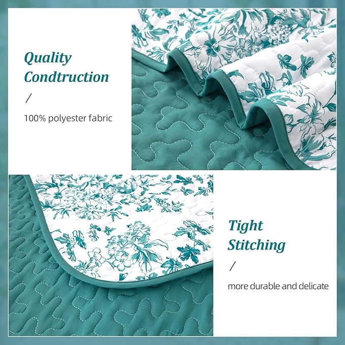 WONGS BEDDING Quilt Queen Size, Teal Quilt Bedding Set with 2 Pillowcases, Botanical Quilt for Queen Bed, Soft Microfiber Lightweight Coverlet Bedspread for All Season (96"×90", 3 Pieces)