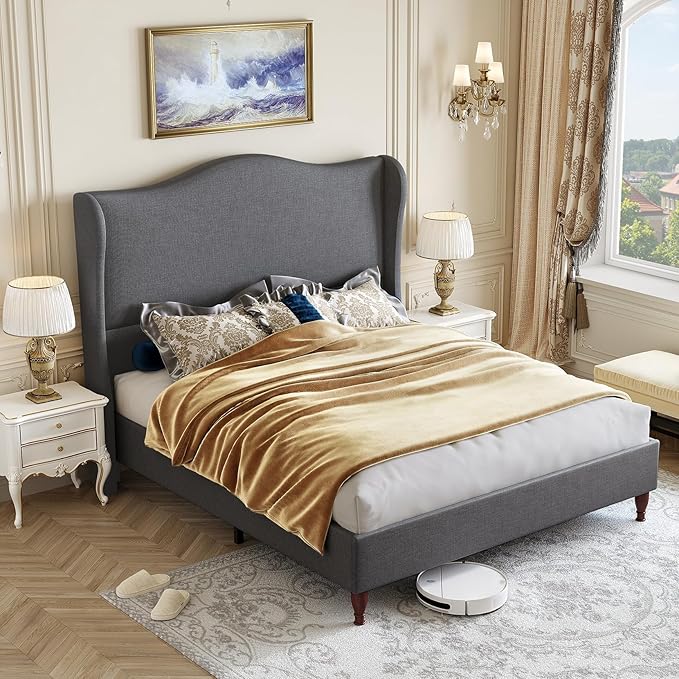 koorlian Full Size Bed Frame Upholstered Platform Bed with 51" Tall Headboard Wingback, Soft Fabric, Retro Simple Style Platform Bed No Box Spring Needed, Easy Assembly, Grey