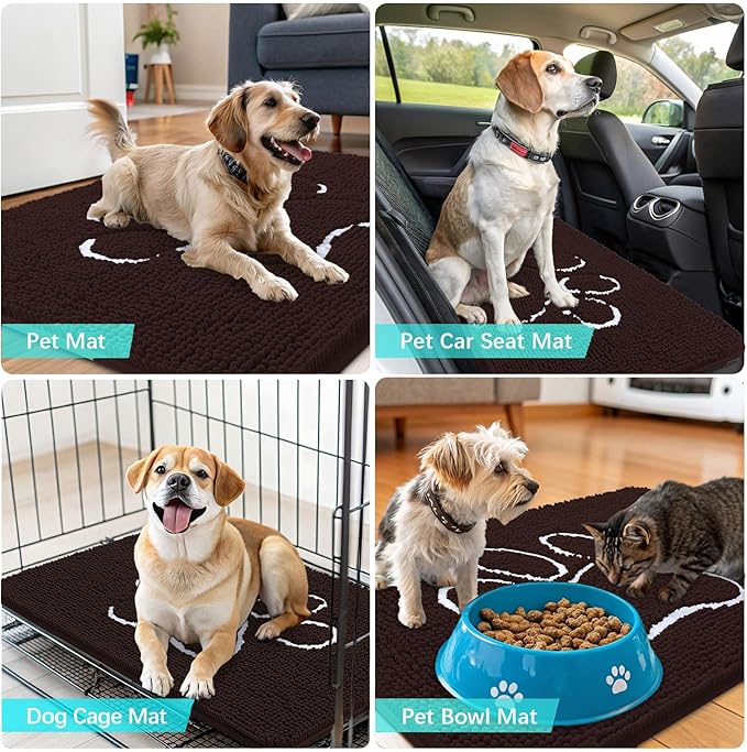 OLANLY Dog Door Mat for Muddy Paws 32x20, Paw Print Design, Absorbs Moisture and Dirt, Absorbent Non-Slip Washable Doormat, Quick Dry Chenille Mud Mat for Dogs, Entry Indoor Entryway Carpet, Brown