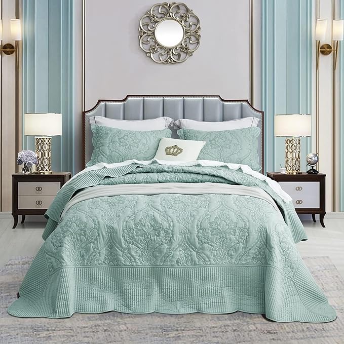 CHIXIN Bedspread Coverlet Set Queen Size - Lightweight Bedding Cover - Beautiful Stitching - 5 Piece Reversible Bedspread - Gorgeous Damask Paisley Pattern (Queen, Seaglass)