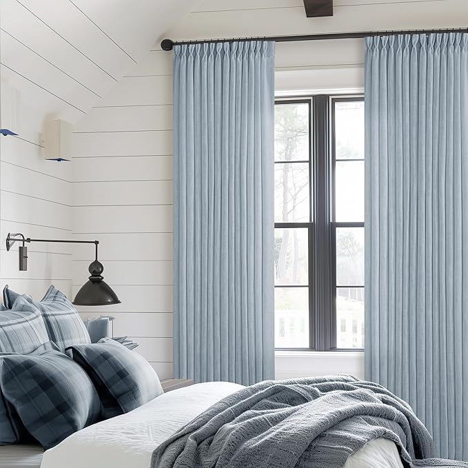 Dusty Blue Linen Pinch Pleated Curtains 108 Inches Long 2 Panels for Living Room Bedroom Light Filtering Drapes 108 Inch Length Sky Grey Blue Semi Sheer Memory Shape Trained Ceiling Floor Curtain