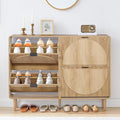 Shoe Storage Cabinet for Entryway, Narrow Shoe Organizer Cabinet, 4 Flip-Down Drawers, Round Fluted Panel, Hidden Wood Slim Shoe Rack for Foyer, Hallway (Natural)
