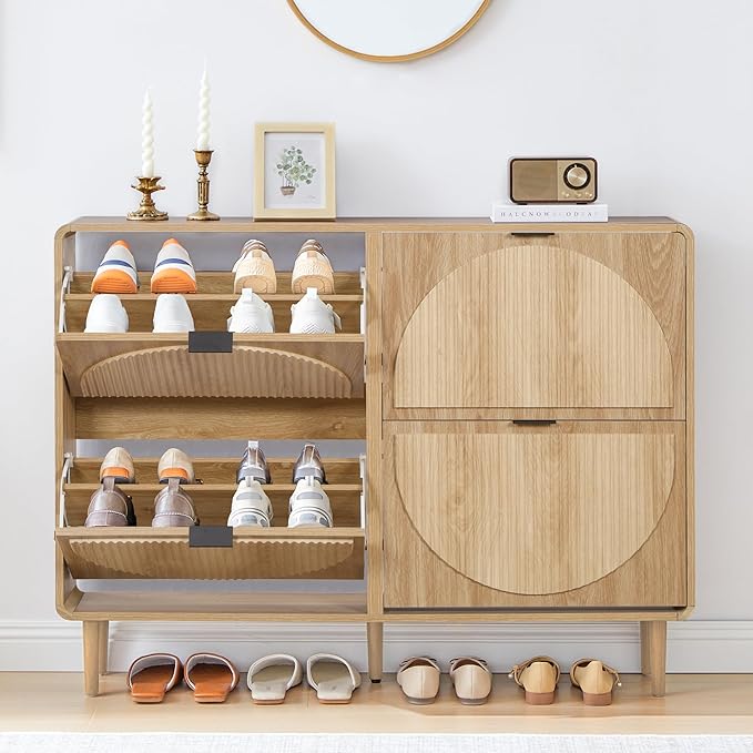 Shoe Storage Cabinet for Entryway, Narrow Shoe Organizer Cabinet, 4 Flip-Down Drawers, Round Fluted Panel, Hidden Wood Slim Shoe Rack for Foyer, Hallway (Natural)