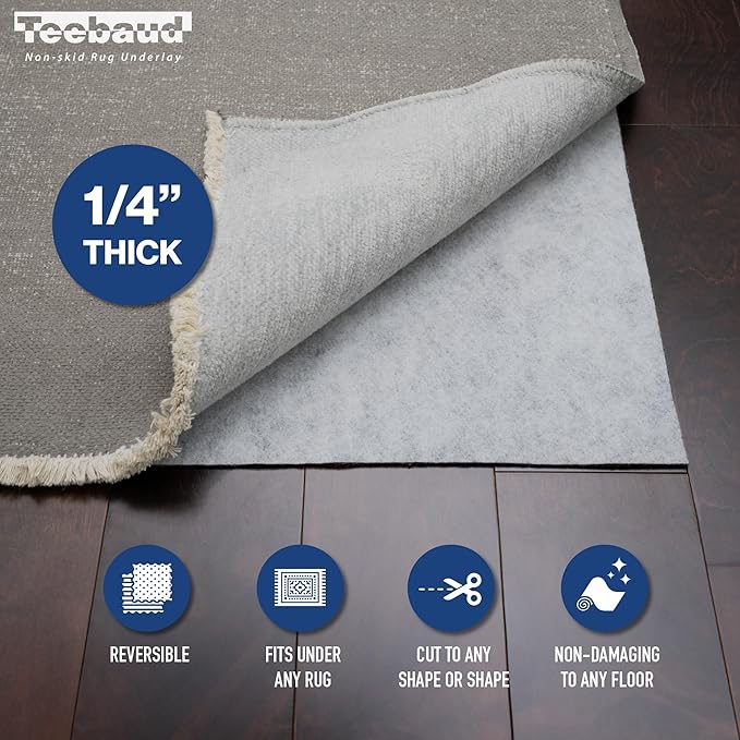 6' x 9' Non-Slip Rug Pad, Reversible Gripper, Non Skid Pads for Hardwood, Vinyl, Tile, Laminate Floors, Keep Area Rugs Secure, Natural Materials Safe for Indoor Flooring, ¼” Thick