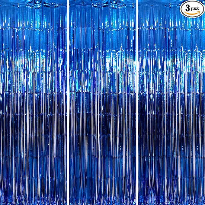 GOER 3.2 ft x 9.8 ft Metallic Tinsel Foil Fringe Curtains Party Photo Backdrop Party Streamers for Birthday,Graduation,New Year Eve Decorations Wedding Decor (Navy Blue,3 pcs)