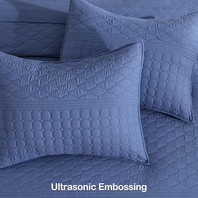 HORIMOTE HOME Denim Blue King Size Quilt Set - Soft Microfiber Bedspread with 2 Shams, Lightweight & All-Season Geometric Coverlet for Cozy Bedding