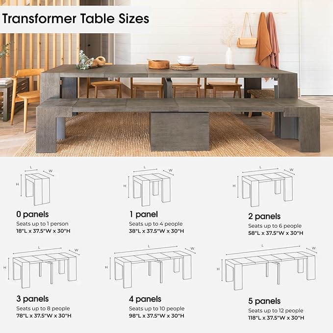 Transformer Table - Solid Wood Extendable Dining Table, Seats 2-12, Extendable Dining Room Table, Space-Saving Furniture, Expandable Dining Furniture (Dark Grey, Table + 2 Benches)