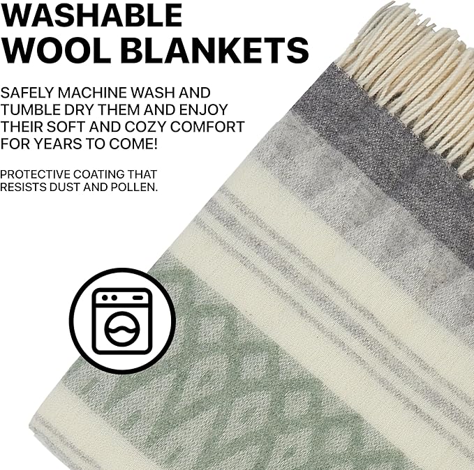 | Wool Blanket/Throw | 100% New Zealand Wool | Perfect for Home and Outdoors | Virgin Wool Throw with Fringes 75"x87" (190 x 220 cm)