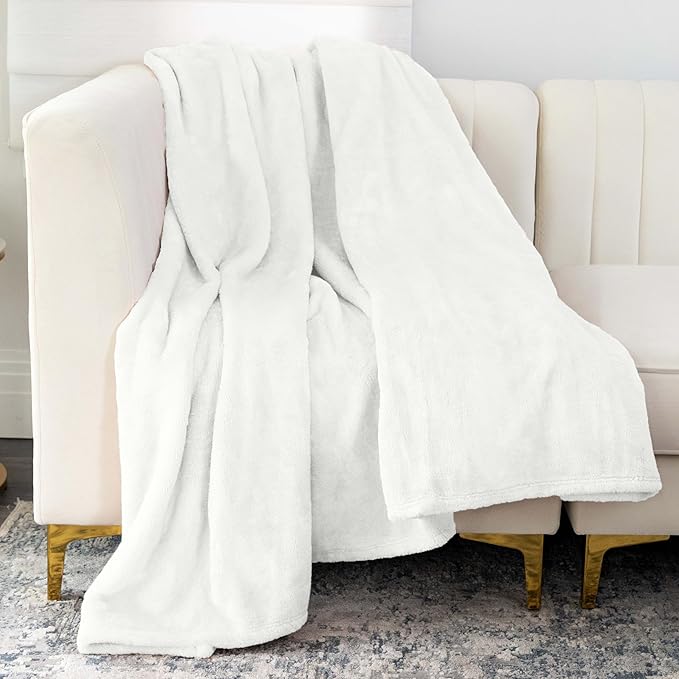 Nicole Miller Oversized Plush Fleece Throw Blanket – Ultra Soft, Lightweight & Cozy – 60" x 70" Warm Flannel Blanket for Couch, Bed & Travel – Machine Washable (Off White-Ivory)