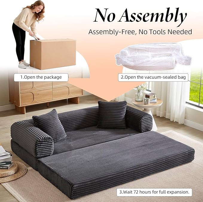 78 Inch Convertible Futon Sofa Bed,Folding Boneless Couches with Sleeper Sofa,Fold Out Floor Sofa Couch with Deep Seat,Cloud Corduroy Foldable Mattress Couch for Living Room (Dark Grey)