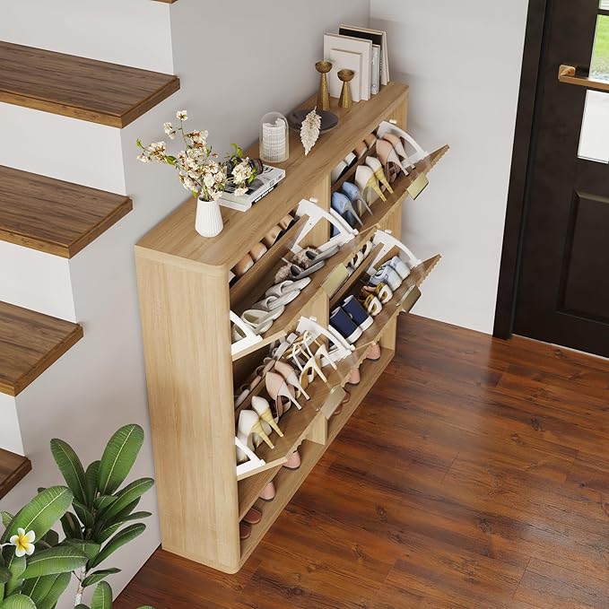Fluted Shoe Cabinet Storage with 4 Flip Drawers, Narrow Shoe Storage Organizer for Entryway, Hidden Slim Wooden Shoe Rack Cabinet for Front Door Entrance, Hallway, Living Room (4-Drawer, Oak)