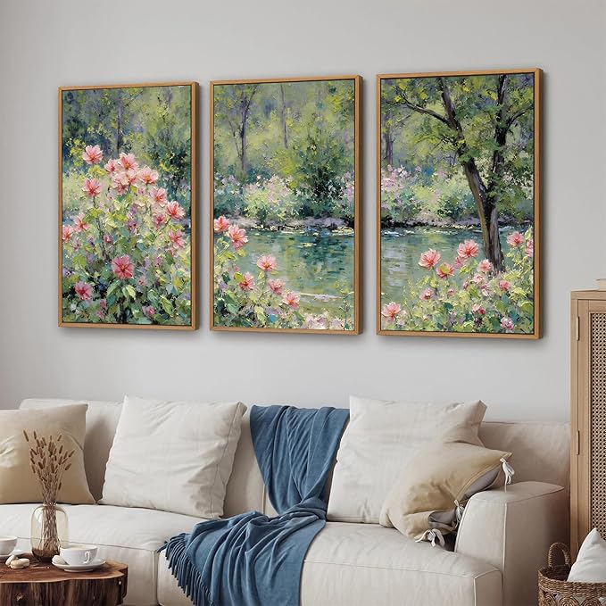 Yeehomedec Monet Anthropologie Framed Canvas Wall Art Set, Impressionist Floral Garden Wall Decor, Vintage Flowers Pond Trees Artwork, Nature Landscape Art Paintings for Living Room Bedroom Bathroom 16"x24"x3