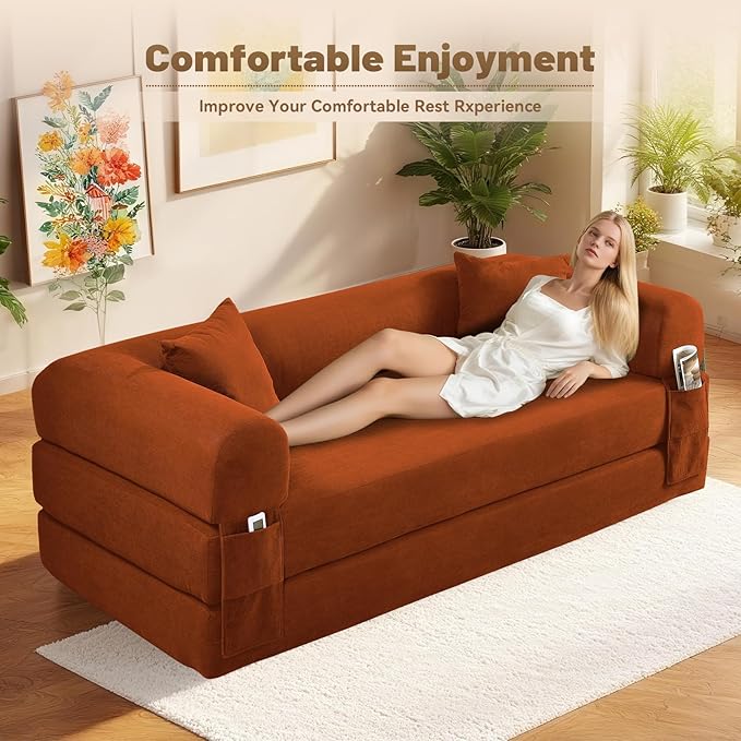 Convertible Futon Sofa Bed,80" Folding Pull Out Couch Bed with Storage,Queen Sleeper Sofa Bed,Compressed Couch in a Box,Corduroy Boneless Couches for Living Room,Orange