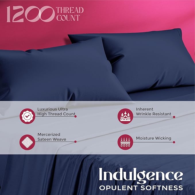 Mayfair Linen 100% Egyptian Cotton Full Size Bed Sheets - Luxury 1200 Thread Count Egyptian Cotton Sheets Full Size Bed Set (4 PC, Navy Blue), Soft, Cooling, 17" Deep Pocket Sateen Weave Bedding