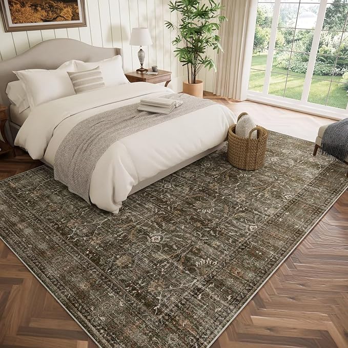 Washable 8x10 Area Rugs for Living Room, Boho Non-Slip Vintage Distress Large Rugs for Bedroom Dining Room Nursery Office, 0.3" Neutral Oriental Throw Thin Carpet, Rust/Multi