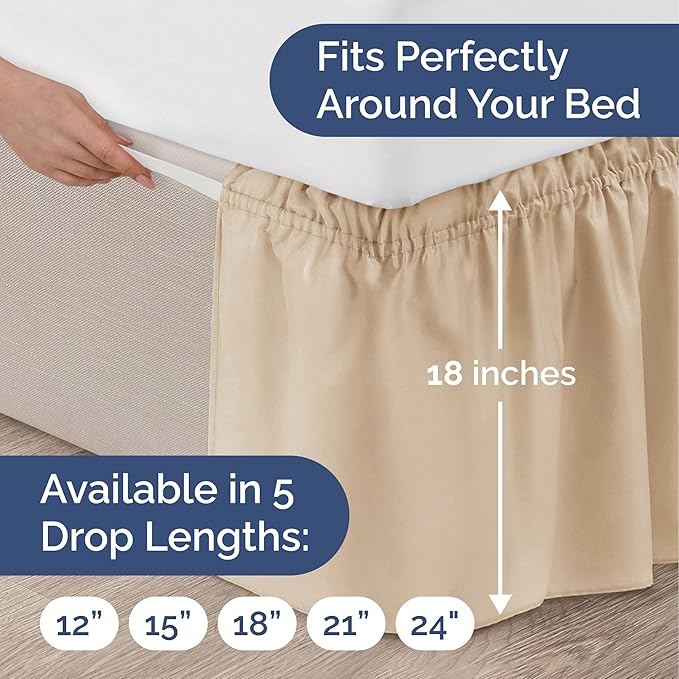 Wrap Around Dust Ruffle Bed Skirt - Cream - for King Size Beds with 18 Inch Drop - Easy Fit Elastic Strap - Adjustable Pleated Bedskirt w/Brushed Fabric - Wrinkle Free - for Women, Men, Kids & Teens