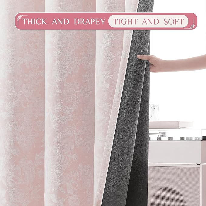 Beauoop Pink Floral Jacquard Blackout Curtains 108 Inches Long 2 Panels for Girls Bedroom Living Room Chenille Flower Room Darkening Thermal Soundproof Rod Pocket Back Tab Window Drapes 52x108