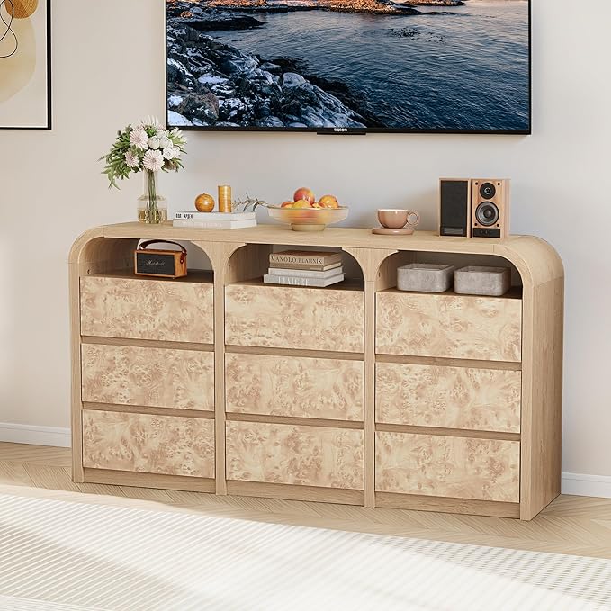 9 Drawer Dresser for Bedroom, Modern Chest of Drawers with Open Shelf, Burl Wood Long Storage Dressers for Closet, Living Room, Hallway (Natural)