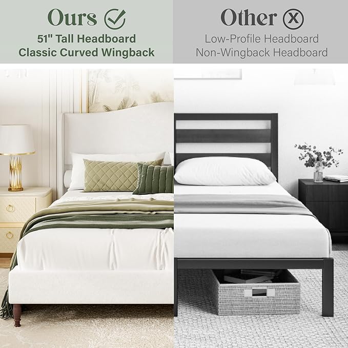 Queen Size Upholstered Platform Bed Frame, 51" Tall Chenille Fabric Headboard with Classic Curved Wingback Design, Vintage Solid Wood Legs, Easy Assembly & Noise-Free, Box Spring Option, Beige