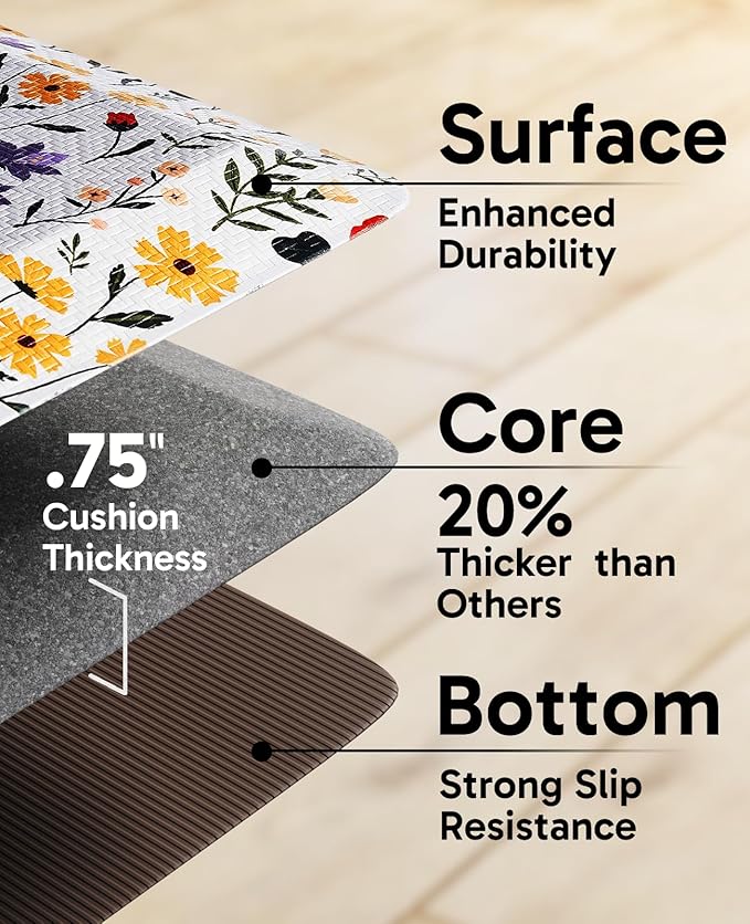Ophanie Kitchen Mats for Floor, 3/4 inch Thick, 17x28 Anti Fatigue Cushioned Mat, Kitchen Rugs, Waterproof, Comfort Ergonomic Standing Mat for Office, Home, Sink, White Flower Non-Slip Ridged Bottom