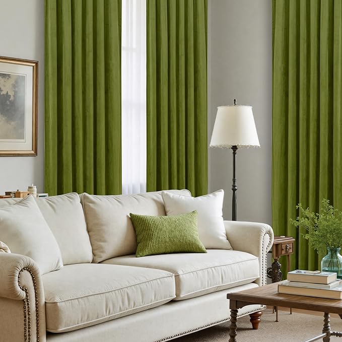 LAMIT Moss Green Velvet Curtains for Living Room 102 Inch Length, Vintage Thermal Insulated Room Darkening Drapes Super Soft Back Tab and Rod Pocket Panels for Bedroom, 2 Panels, 52 x 102 Inch