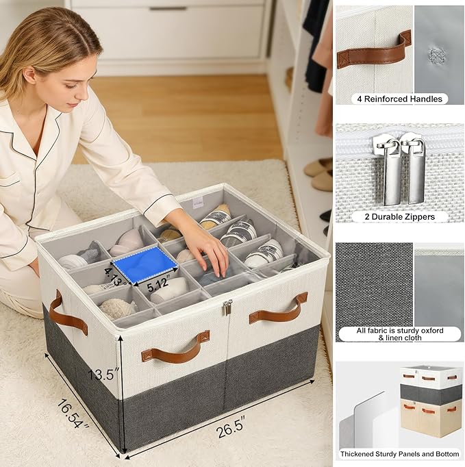 Shoe Organizer for Closet, Foldable Shoe Box with Adjustable Dividers and Clear Cover, Space Saving Shoe Storage Organizer Cabinet with Reinforced Handles, Fits 16 Pairs TP09WG