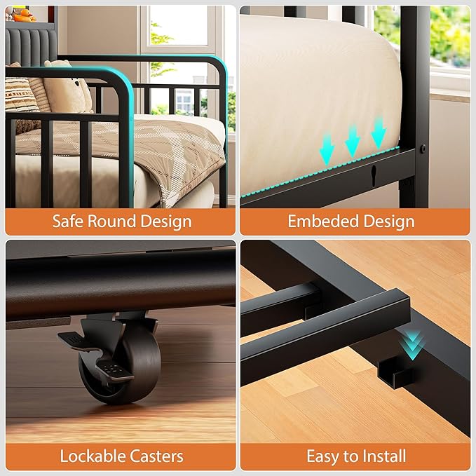 Daybed with Trundle and LED Light, Heavy Duty Metal Full Bed Frame with Upholstered Storage Headboard & Charging Station, Day Bed Pop Up Trundle Bed for Living Room,Bedroom and Guest Room, Brown