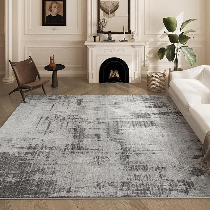 Machine Washable Area Rugs 8x10, Large Modern Abstract Rugs for Living Room Grey Indoor Floor Non-Shedding Carpets for Bedroom Dining Farmhouse Home Office | Grey