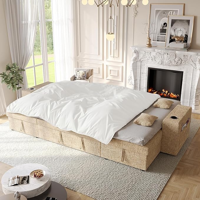 117" Sleeper Sofa Bed, U-Shaped Sofa with Dual Reversible Storage Chaise | Adjustable Backrest | Wide Armrest, Sectional Couches for Living Room, 4 in 1 Pull Out Couch Bed, Khaki Chenille