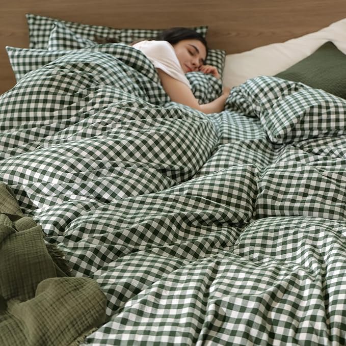 MooMee Gingham Duvet Cover Set 100% Washed Cotton Linen Like Textured Breathable Durable Soft Comfy Modern Checkered Design (Forest Green Gingham, Super King 108"x98")