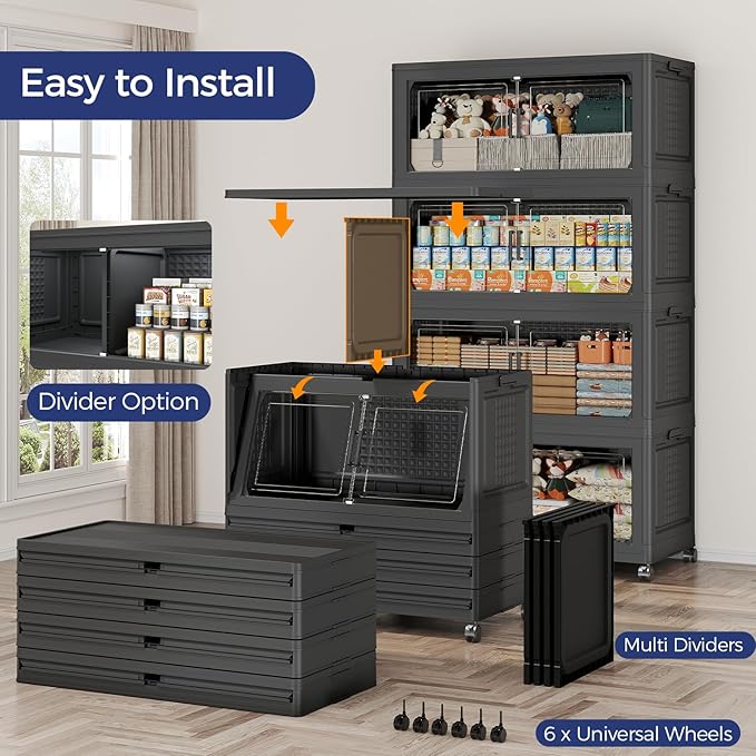 480 QT Extra Large Stackable Storage Bins with Lid, 120 Gal Collapsible Storage Box with Wheels, Folding Closet Organizers and Storage Cabinet with Doors for Home, Kitchen, Office, 3Pack Black