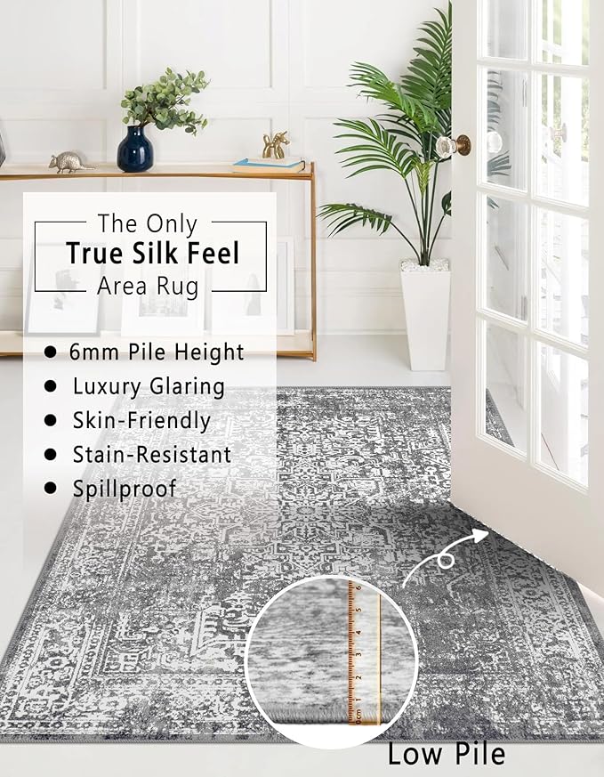 vivorug Grey Runner Rug 2x10 Machine Washable Rug with Non-Slip Backing, Ideal for Kitchen Hallway Entryway Laundry Room - Vintage, Durable, Easy Clean, Low Pile Carpet Runner