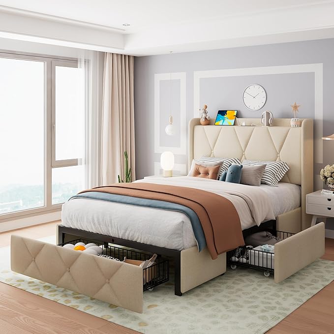 Feonase Twin Bed Frame with 3 Storage Drawers, Upholstered Platform Bed with Fast Charging Station, Wingback Storage Headboard, Wooden Slats Support, No Box Spring Needed, Easy-Assembly, Beige