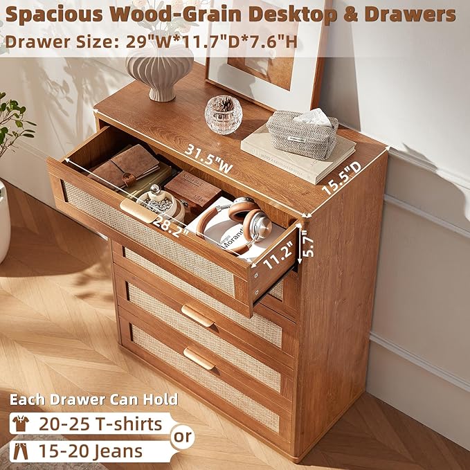 LEYAOYAO Dresser for Bedroom, 41" Tall Chest of Drawers, Modern 5 Drawers Boho Rattan Dressers with Storage, Dresser Wooden Closet Organizer for Living Room, Hallway, Tea Brown