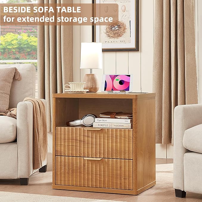 LEYAOYAO Fluted Nightstand with Charging Station, 23" Modern Night Stand with Woodgrain Top, 2 Drawers End Table w/Storage, Bedside Tables for Bedroom, Living Room, Curved Profile Design,Brown